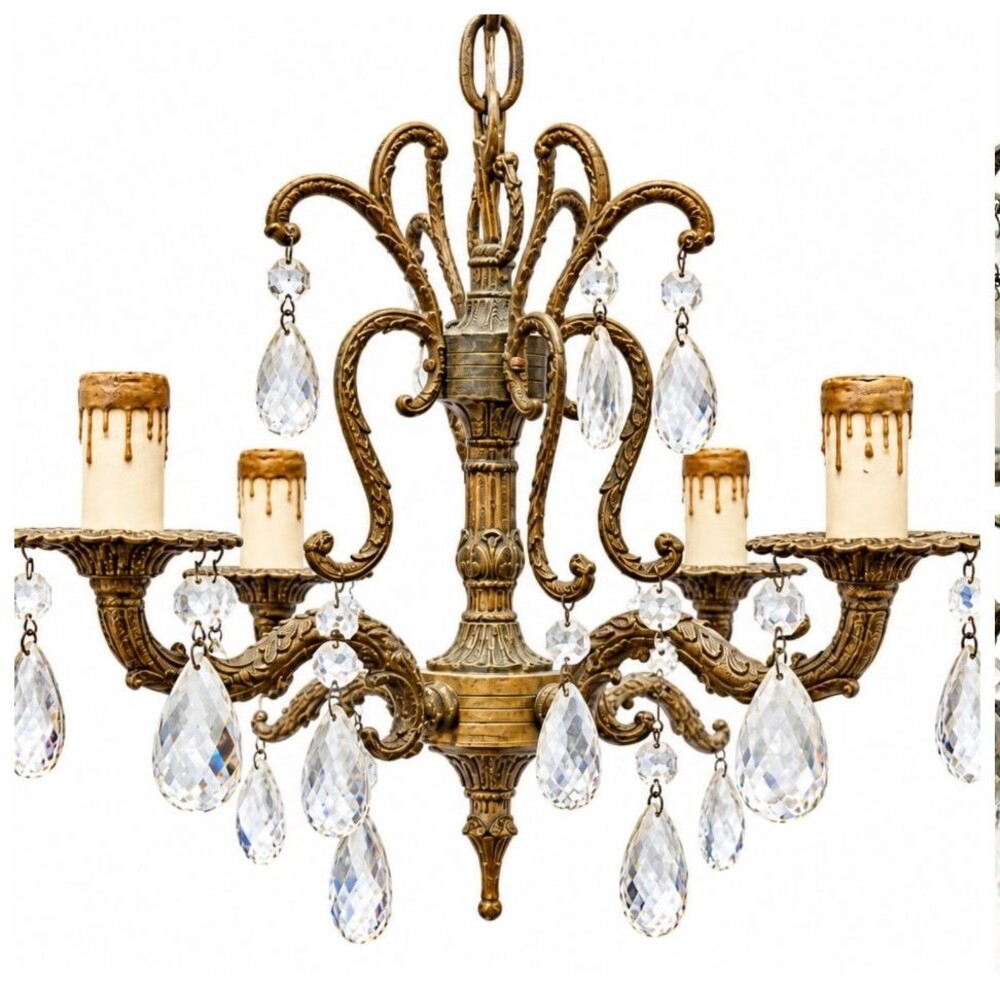 Vintage Spanish Brass & Crystal 4Light Mini Chandelier